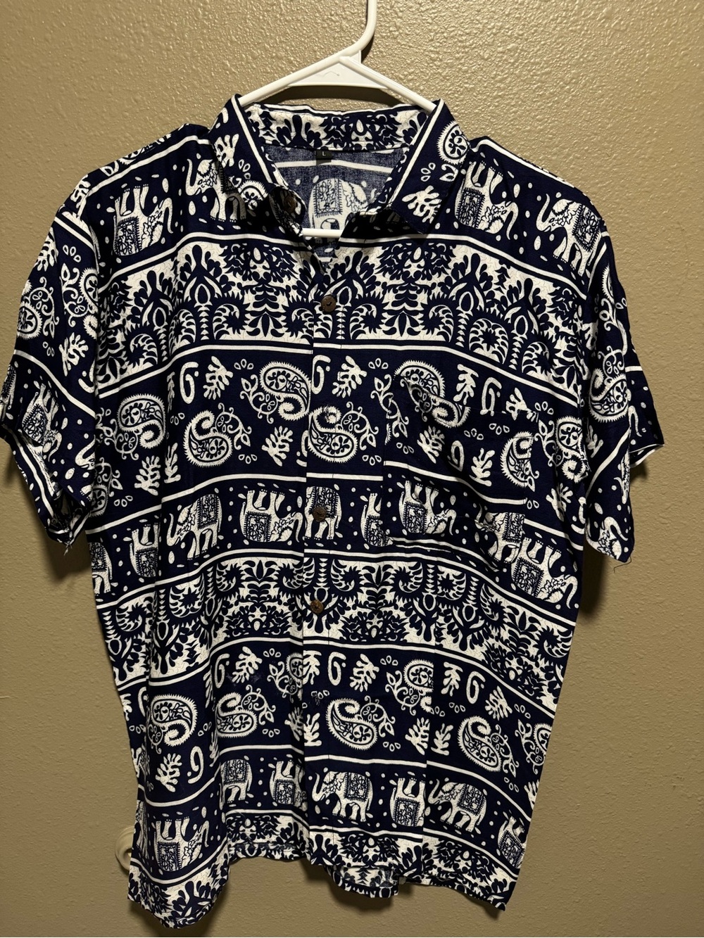 Navy & White Printed Short-Sleeve Button-Down Shirt